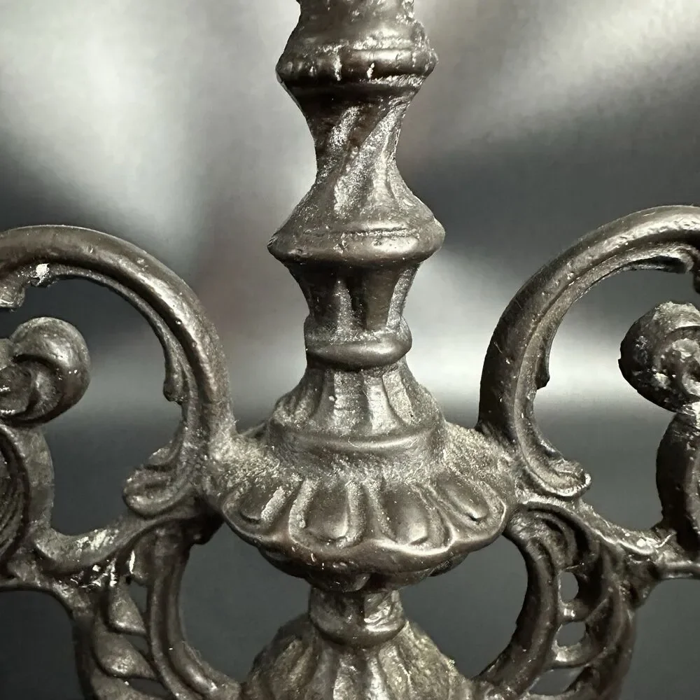 Vintage French Spelter 3 Arm Ornate Candelabra Gilt Brass Holder 8”